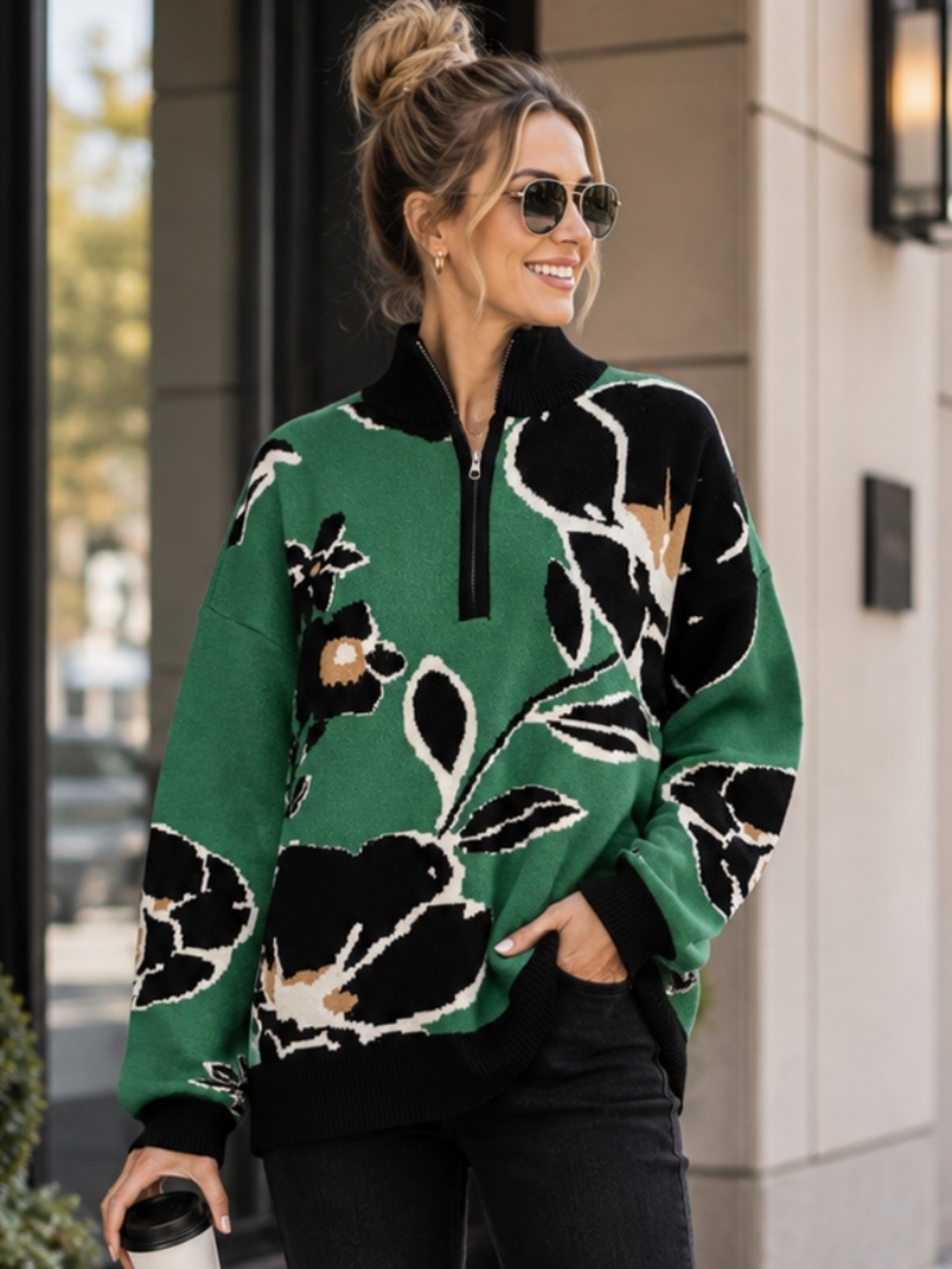 Sugarlips Carrey Floral Quarter Zip Sweater Green Black XL NWOT